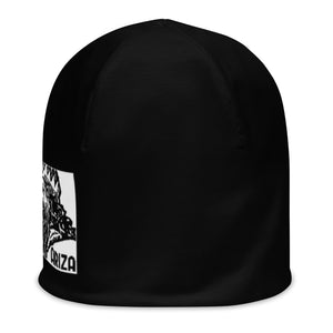 Black with White Logo All-Over Print Beanie